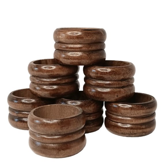 Wood Napkin Rings Brown Set Of Seven Carved Ribbed Boho Style - Picture 1 of 7
